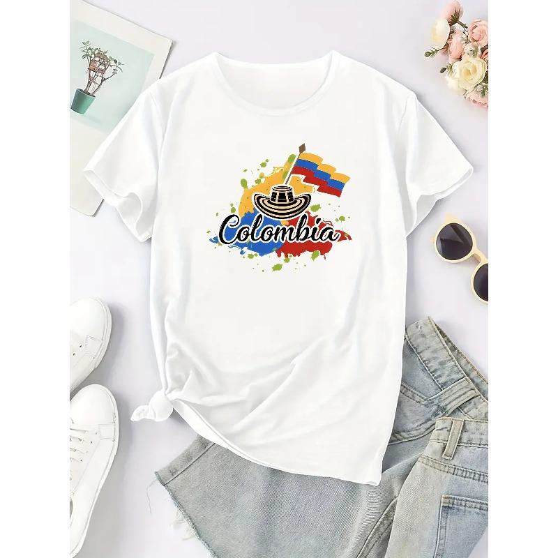 Damen-Sportbekleidung mit einem stilvollen Rundhals-Kurzarm-T-Shirt für Kolumbiens Unabhängigkeitstag