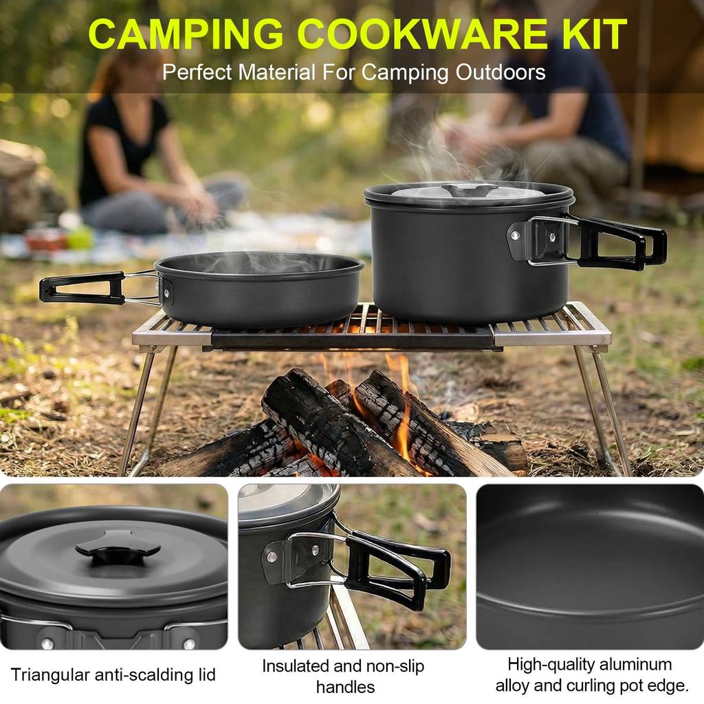 Camping Cookware Set 11pcs Mess Kit, Aluminum Non-Stick Pot and Pan Set, Backpacking Cookware
