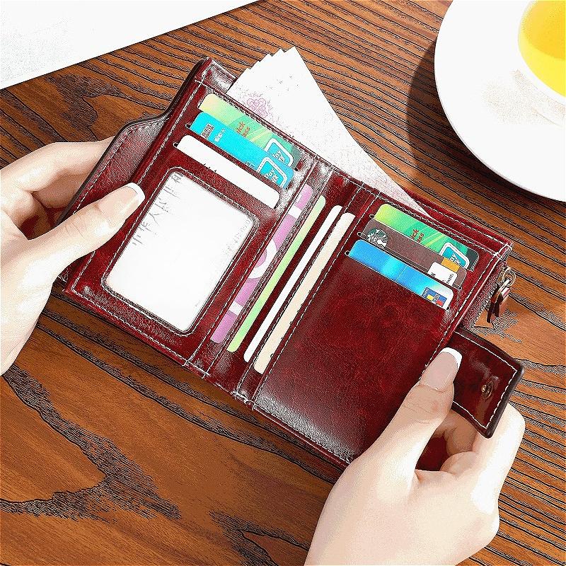 Women Short Wallet RFID Card Holder Retro Oil Wax Leather Wallet Large Capacity Tri-fold Multi Card Slots ID Window Zipper Coin Pocket Foldable Purse