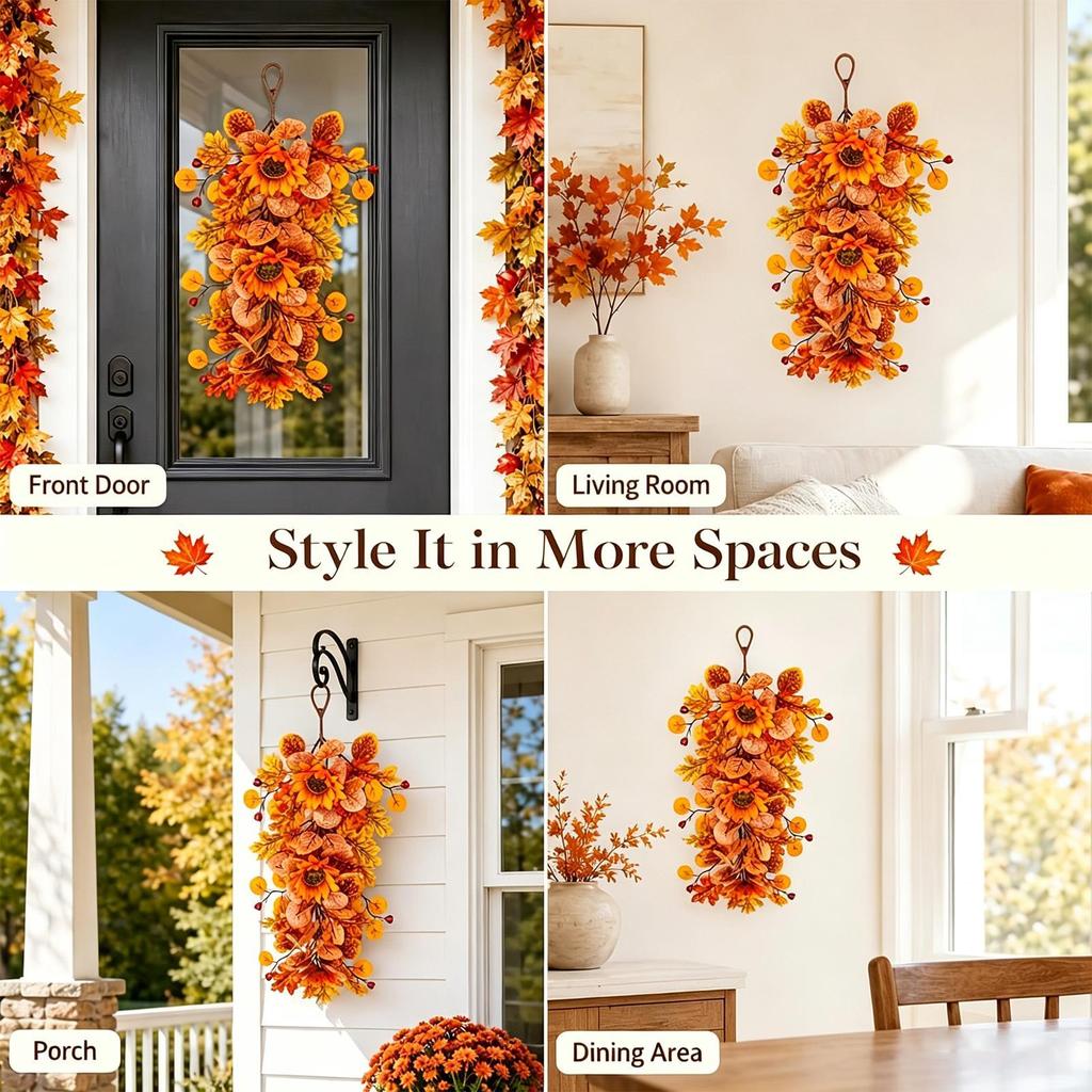 16cm Autumn Artificial Sunflower Door Hanging Wreath Harvest Style Faux Maple Eucalyptus Leave Shaped Berries  Fall Wall Decor