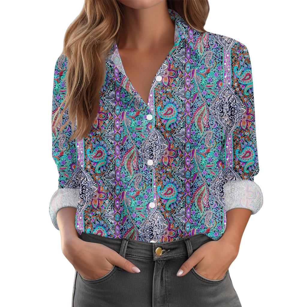 Women's Shirt With Floral Print Buttons, Long Sleeved Casual Regular Shirt Blouses Casual Plus Size Basic Tops