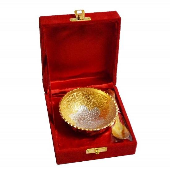 White Metal Traditional Gold Plated Single Bowl Set with Awesome Gifts Box 2 Pieces
