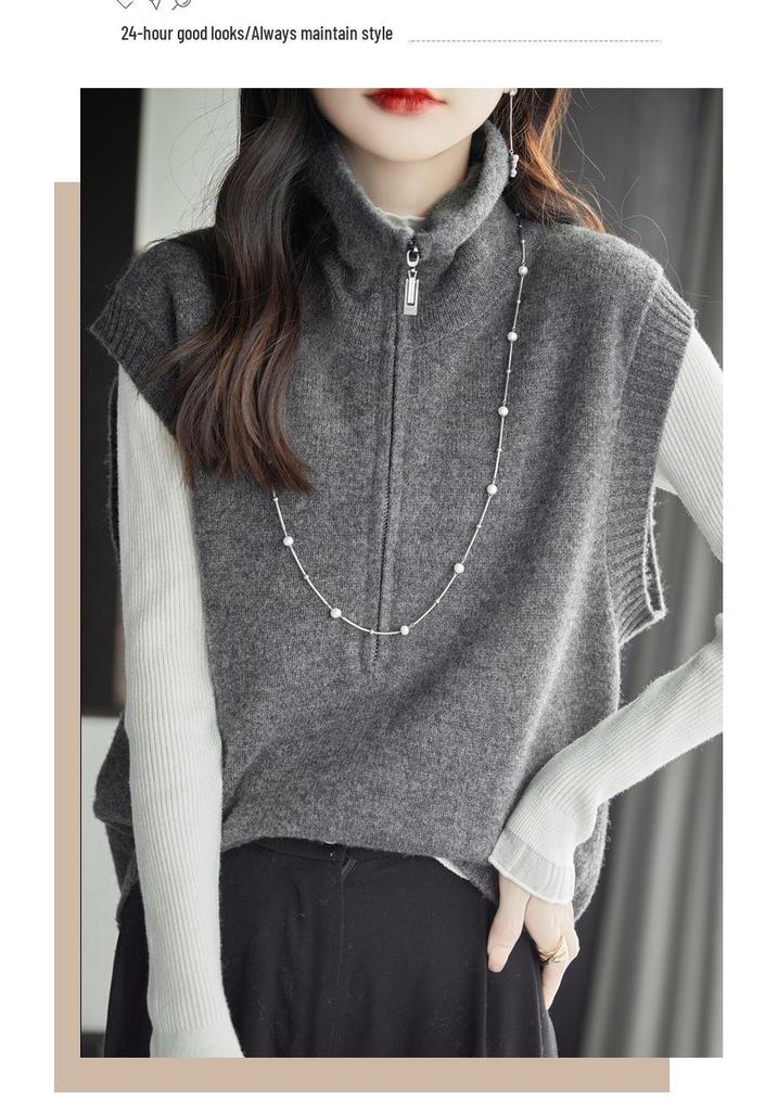 Summer 2026 Women's Grey Zipper High-Neck Knit Vest Sweater – Stylish and Casual Design