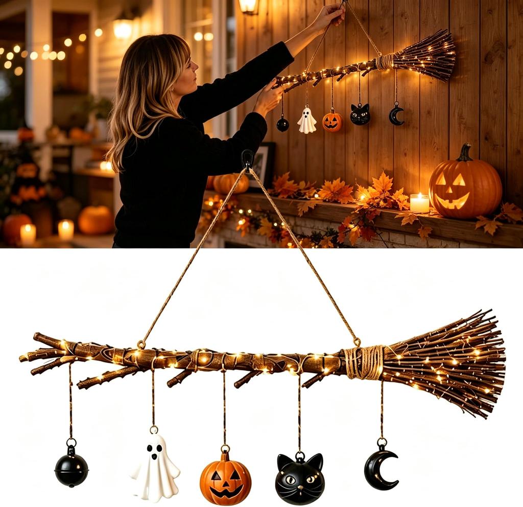 Beleuchteter Herbsthexenbesen Wandbehang mit LED-Laterne Kürbis Geist Glocke Rustikales Halloween-Ornament für Innen Außen Veranda Hof Party Dekoration