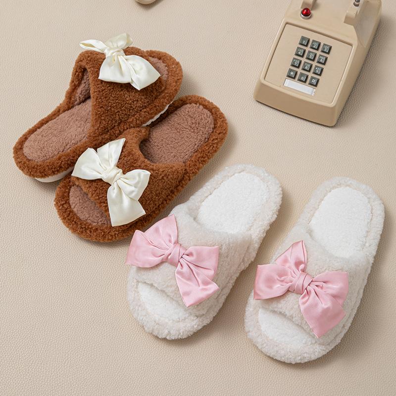 Jedwabna kokarda otwarte bawełniane kapcie ins puszyste kapcie mniej urocze pluszowe kapcie