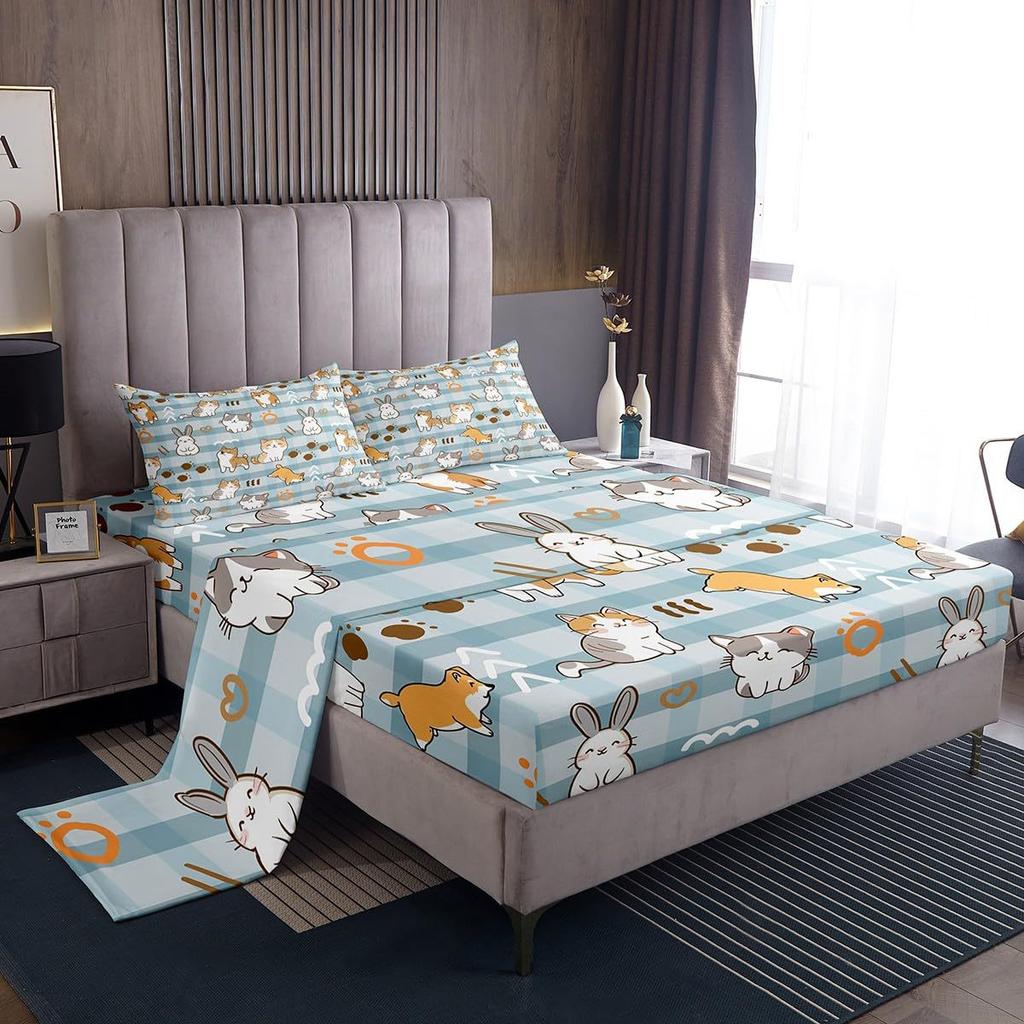 Cartoon Animal Kitten Pattern Bed Hat Four-Piece Bedding Set Bedroom Dormitory Bedding Decoration