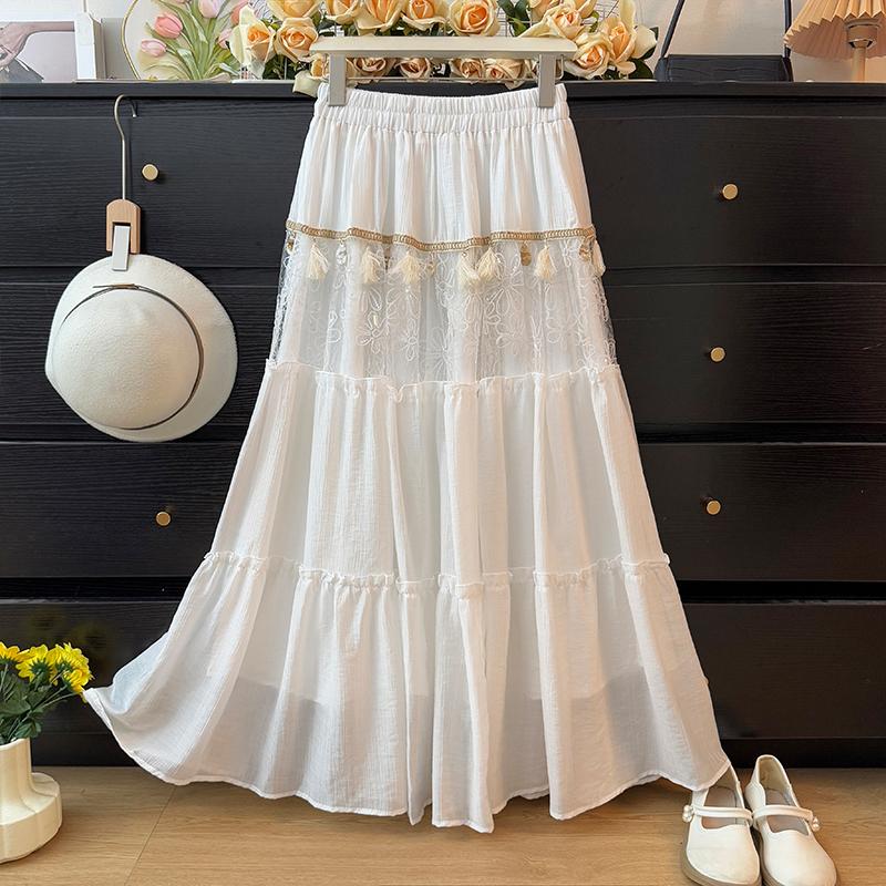 Dimanaf 2025 Summer Women White Skirts Lace Vintage Elastic Pleated Elegant Long Skirts New High Waist