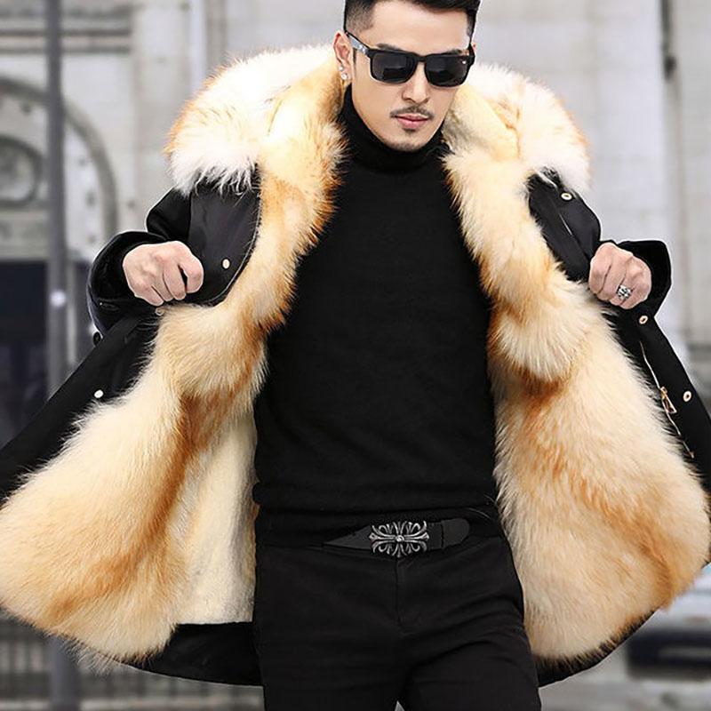 Men's Parka with Full Mink Fur Inner Liner New Winter Style Fur-on-skin Coat Imitated Mink Cashmere Mid-long Length Fur Coat