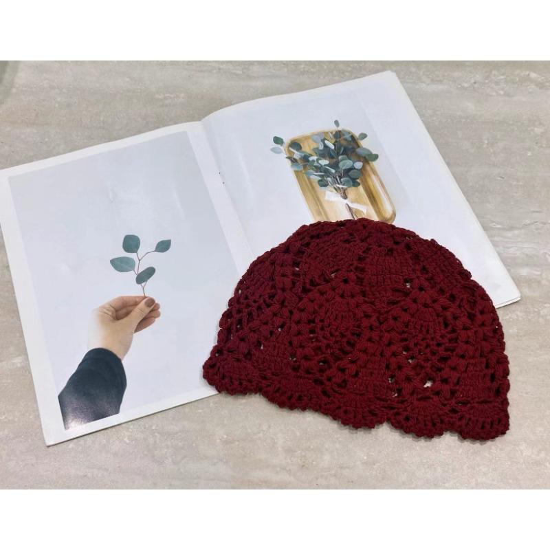Pure Handmade Crochet Hollow Flower Bag Head Hat Women's Spring and Summer Thin Temperament Crochet Hat Versatile Pullover Hat