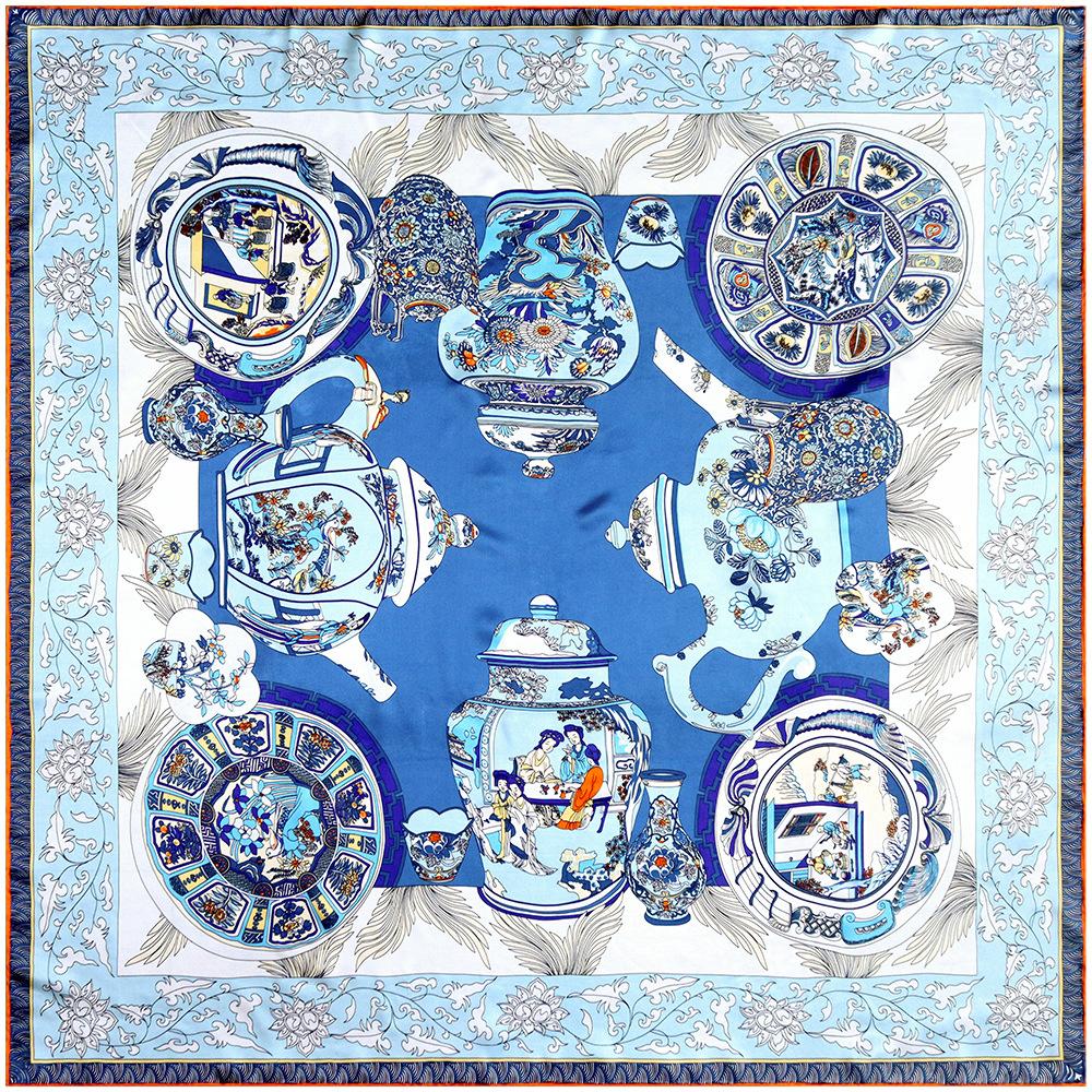 Blue and white porcelain 2025 Dunhuang Guochao new temperament plain crepe satin silk scarf large square scarf mulberry silk scarf shawl 110*110CM