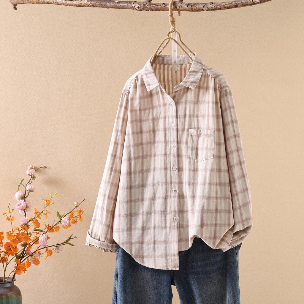 Women's Long Sleeve Japanese Style Plaid Shirt - Double-layer, Skin-friendly, Breathable Pure Cotton