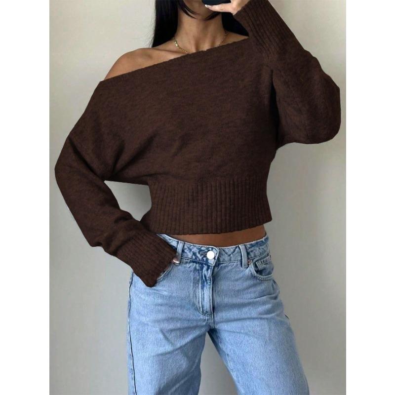 Women Loose Off Shoulder Long Sleeve Knit Cropped Sweater