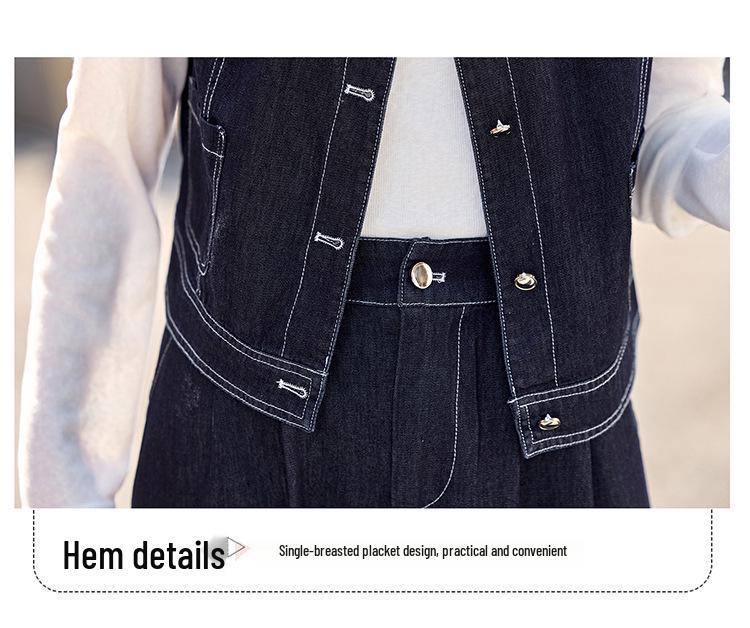 Women's Summer 2025 Dark Blue Denim Three-Piece Set: Short-Sleeved Shirt, Midi Skirt, and Suit Skirt in Korean Style