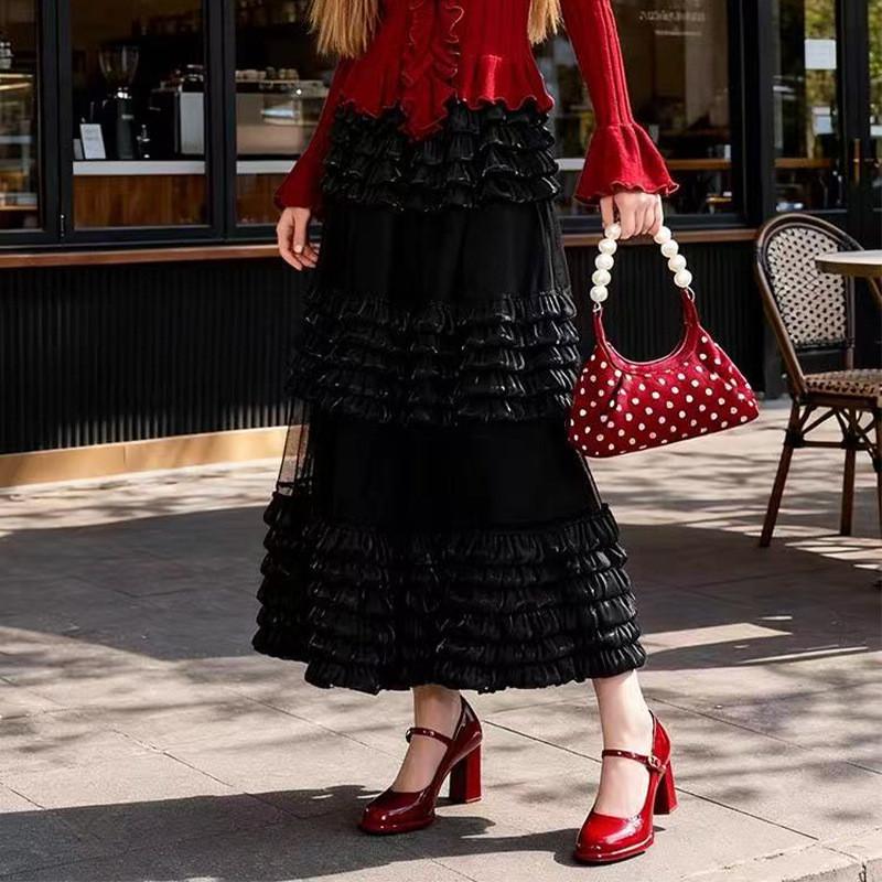Qooth Ruffle Tulle Maxi Skirt Layered Cake High-Waisted Skirt French Ethereal Style for Party QT2860