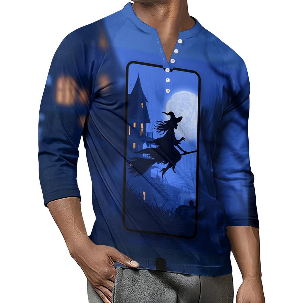 Men's Button-Down Contrast Raglan 3/4 Sleeve Top