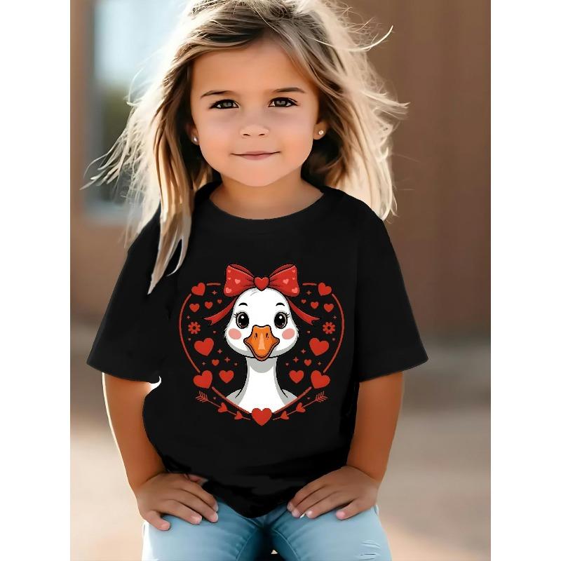 Europäische Größen Süßer und Niedlicher Entenaufdruck in Herzform, Rundhals-T-Shirt für Mädchen, Stilvoll und Bequem, Perfekt zum Spielen im Freien.