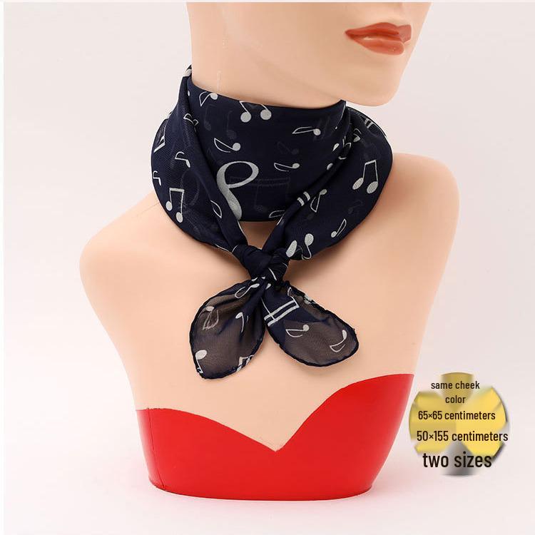 Wczesnowiosenny damski szal szyfonowy: Dynamiczne nuty, 4 kolory, kwadrat 70 cm, jedwabna apaszka na szyję z nadrukiem