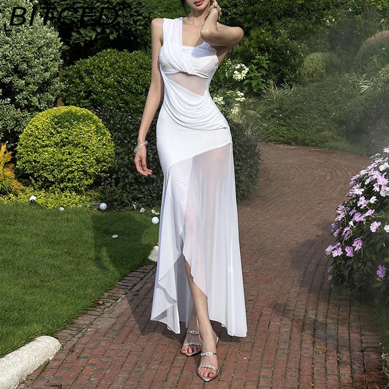 

BITCED Summer Women s Solid-Colour Slim-Fit High-Waisted Fashion Strapless Sleeveless Mesh Dress L белый