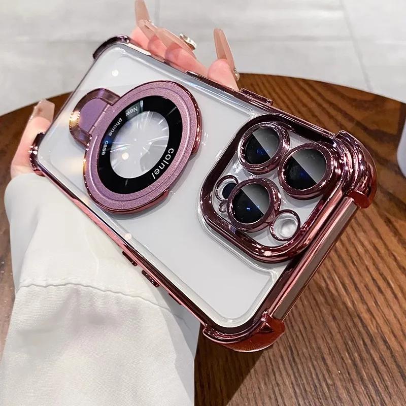 Plating Magnetic Holder Airbag Silicone Transparent Case For Xiaomi 15T Pro 14 13 T Ultra Camera Protect Shockproof Cover