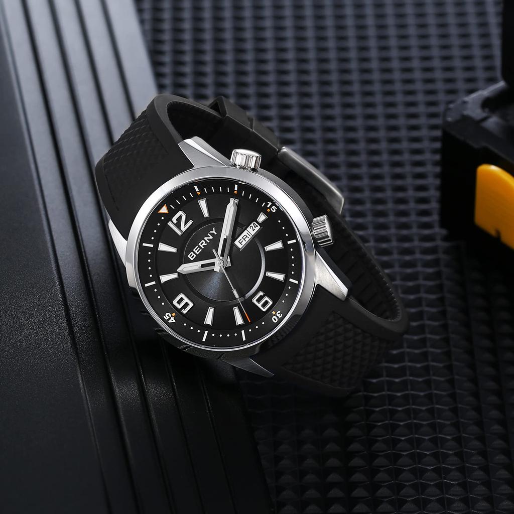 BERNY Watch Watch Dive Watch Automatic Mechanical Watch with Crown 200m Water Resistant HV600 Hardness Sapphire Glass Silicone Band Super Luminous