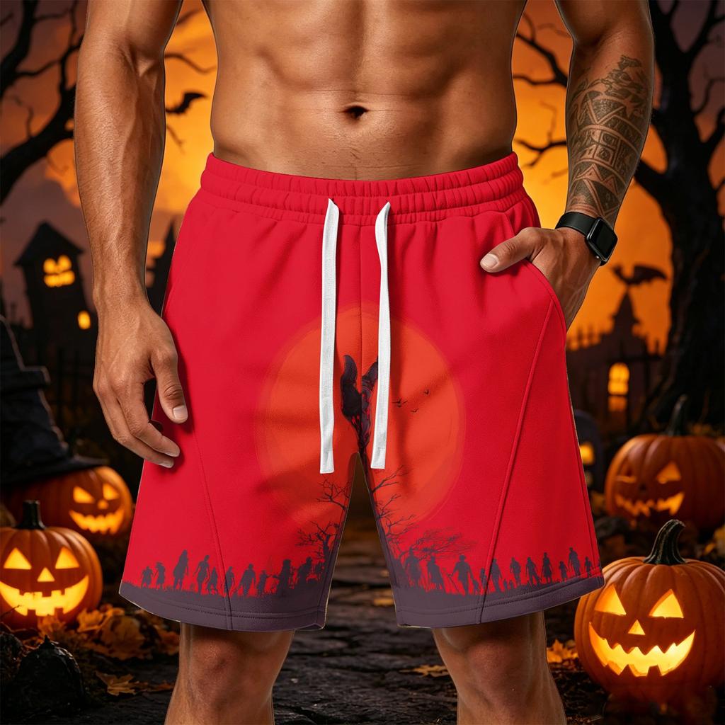 Men's Loose Fit Halloween Themed Athletic Shorts with Elastic Waistband and Multiple Pockets Casual Sportwear Bottoms for Outdoor Activities