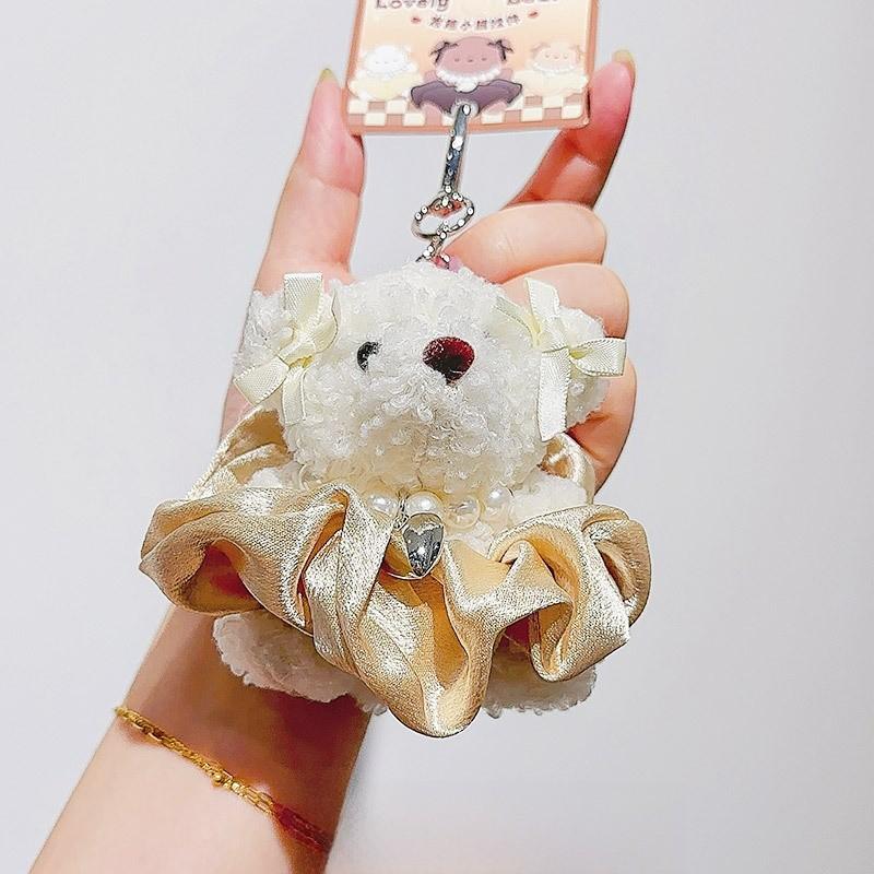 Small Pearl Skirt Bear Plush Keychain With Durable Rope For Bag Decoration Gift