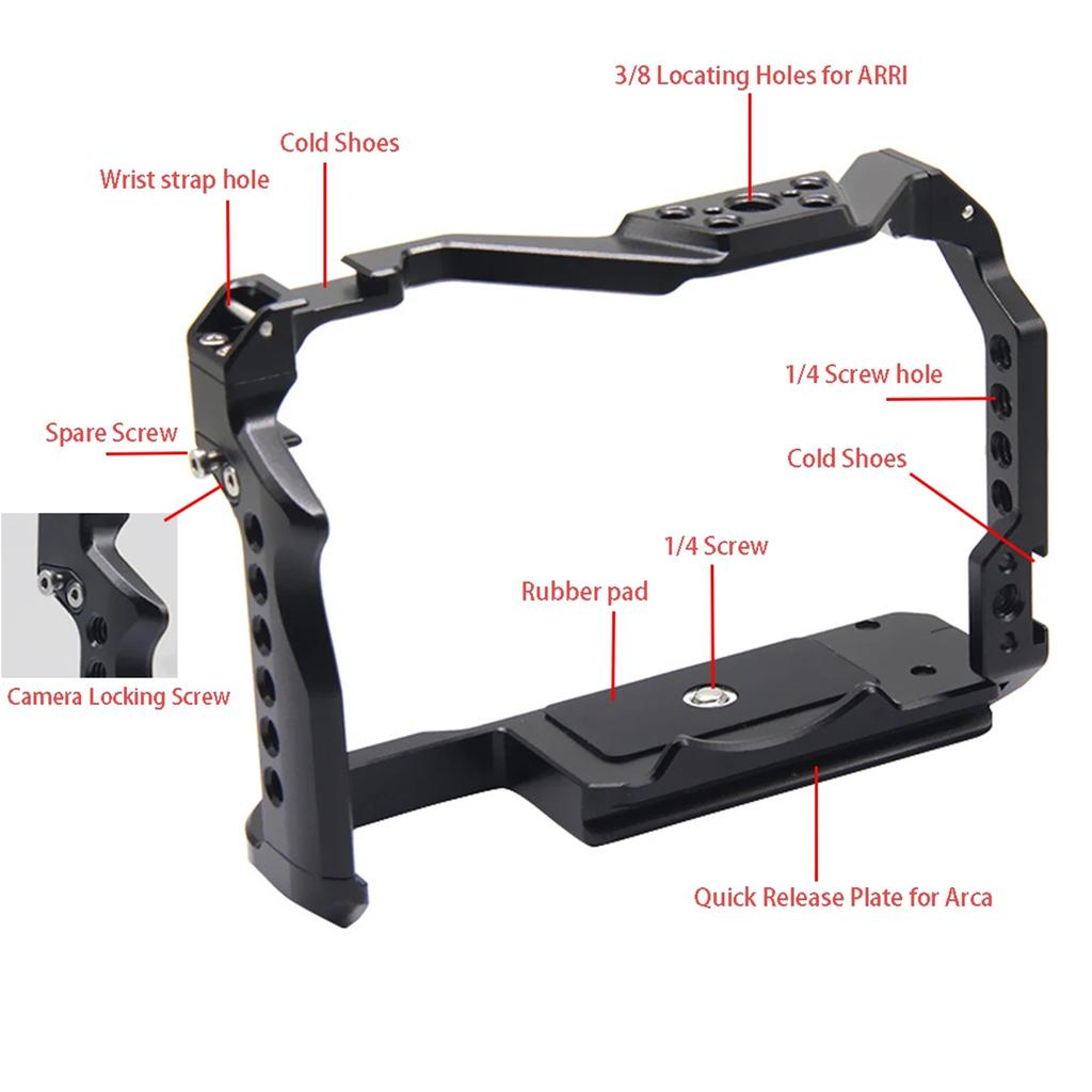 Protective Camera Cage Aluminum Alloy with Cold Shoe Mount Arca Quick Release Slot Numerous 1 4in And 3 8in Threaded Holes Compatible with Canon EOS