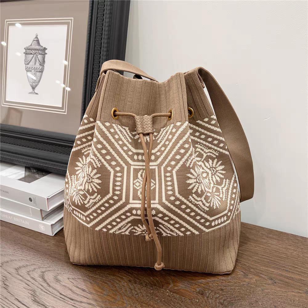Korean Style Knit Shoulder Bag with Drawstring & Magnetic Snap - Versatile, Large Capacity Tote for Women