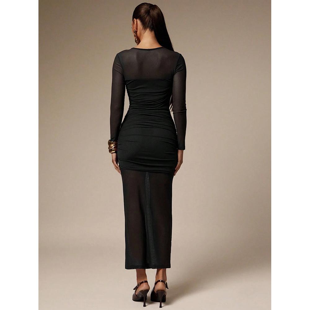 Women's Crew Neck Mesh Panel Bodycon Dress, Slim Ruffle Hem Maxi Dress