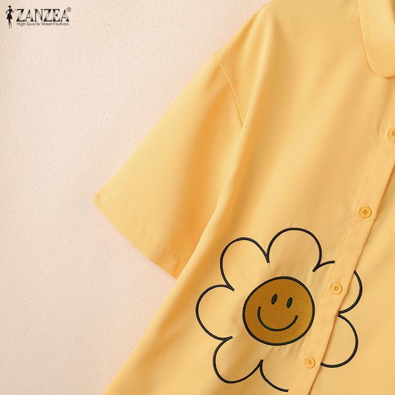 ZANZEA Blusa Casual de Mujer con Cuello Vuelto, Manga Corta Suelta y Estampado