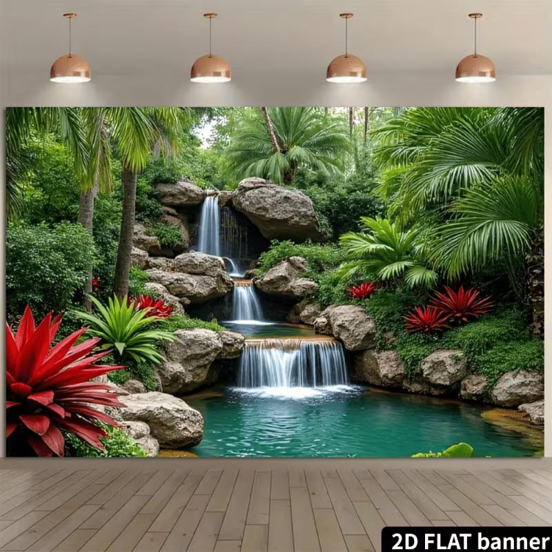 2D Dschungel Wasserfall Landschafts-Wandteppich, Tropischer Palmenbaum Hintergrund