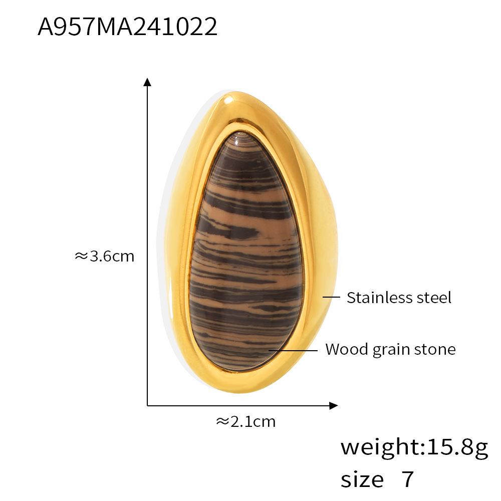 Qiong Yao Water Drop-Shaped Ring: Natural Wood Grain Stone, 18K Gold Plated, Light Luxury Autumn/Winter Collection. Size 7