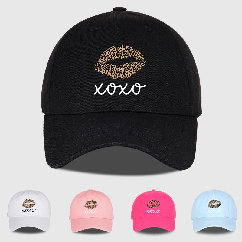 Leopard-Print Lips Xoxo Printed Soft-Peaked Baseball Cap Soft, Comfortable, Adjustable Sexy, Trendy, Cool, Sweet, Edgy, Retro, F