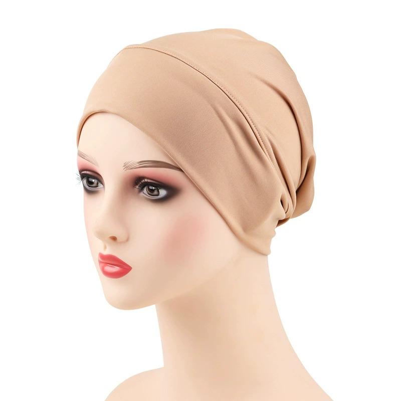 Women Stretch Beanie Chemo Cotton Hair Turban Hat Double-layer Soft Satin Lining Crinkled Hijab Inner Hijab Caps
