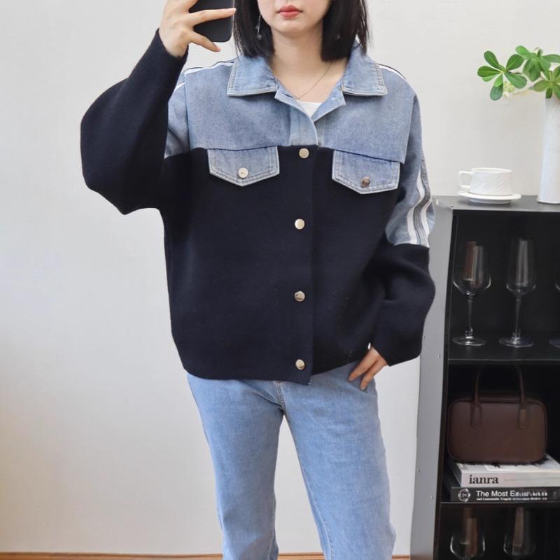 Fashion Denim Splicing Sweater Jacket Autumn and Winter New Design Sense Loose Casual Versatile Knitted Cardigan Women
