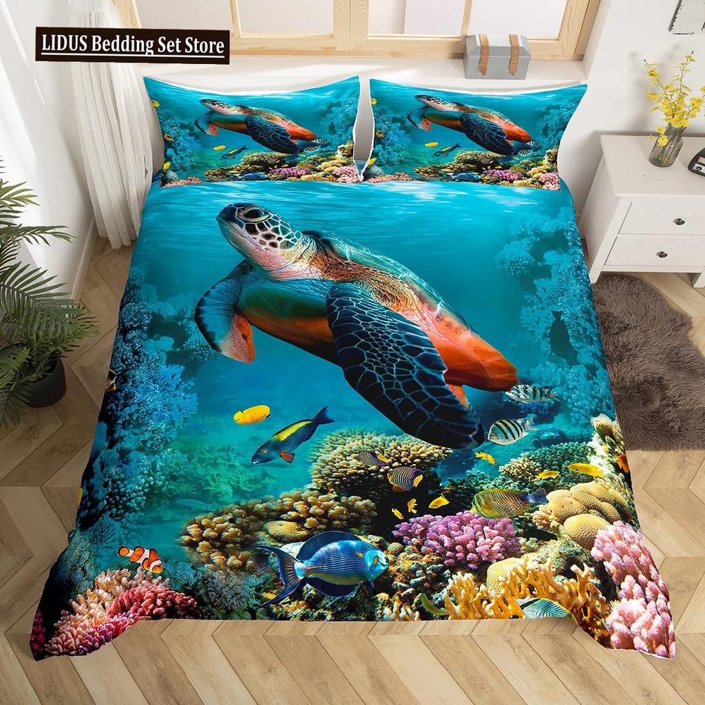 Sea Turtle Duvet Cover Set King Size Watercolor Tortoise Butterfly Comforter Cover For Boys Girly Dreaming Style Bedding Set