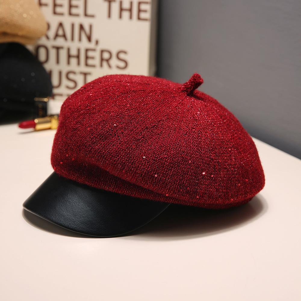Korean Versatile Little Fragrance Style Sequin Beret Autumn and Winter British Retro Warm Octagonal Hat Outdoor Casual Hat Women