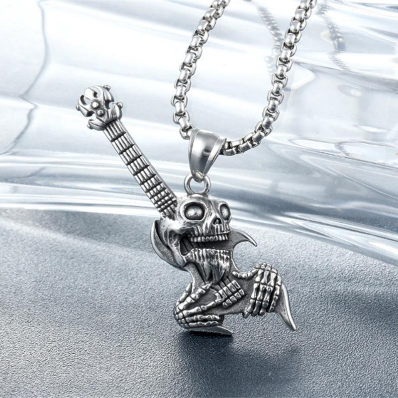 Hip Hop Rock Skeleton Men Guitar Instrument Pendant Necklace Retro Punk Copper Color Stainless Steel Chain Neck Jewelry Gifts