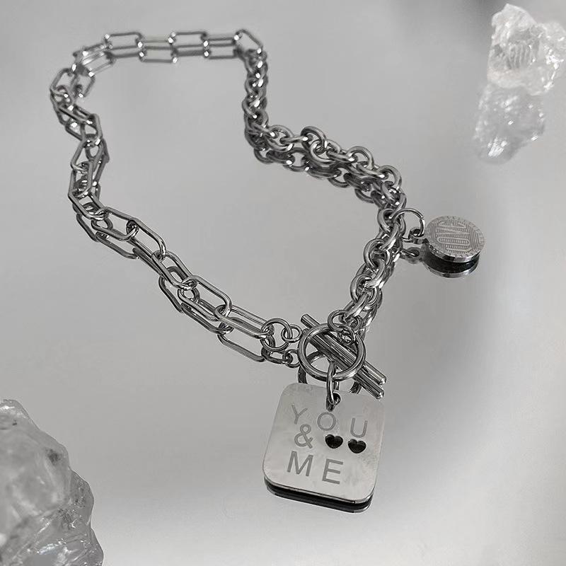 Non-fading hip-hop round square brand letter titanium steel short necklace hiphop trendy personality terroir cool dancing chain