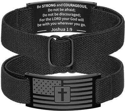 Easter Basket Stuffer Gifts American Flag Cross Bracelet for Men Women, Black Elastic Stretch Strap Adjustable Bracelets Bible Verse Christian Jewelry