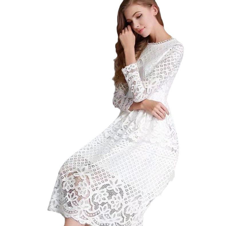Europe, America, Spring New Women's Clothing ebay Crew Neck Lace Long Sleeve Dress Slim Fit Medium Dress
