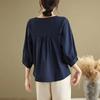 Korean Style Embroidered Cotton Linen Round Neck Mid-Sleeve Plus Size Women's T-Shirt