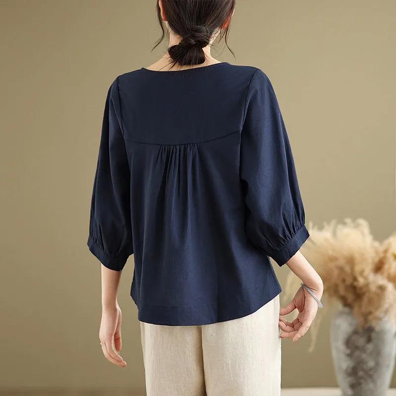 Korean Style Embroidered Cotton Linen Round Neck Mid-Sleeve Plus Size Women's T-Shirt
