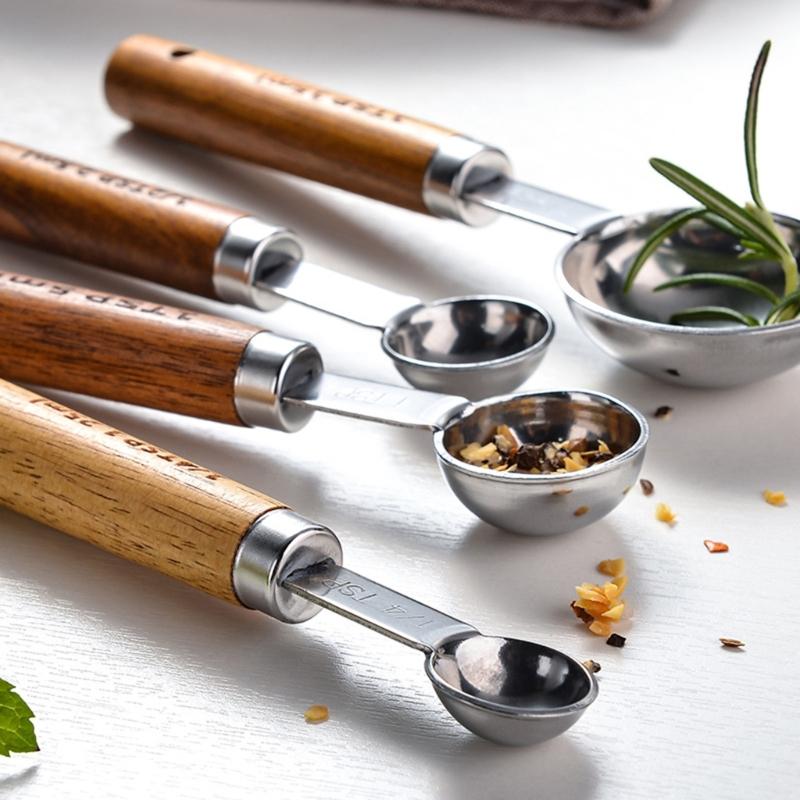 Set of 4 Baking Tool Set Stainless Steel Measuring Cups Measuring Spoons Wood Handle Kitchenwares for Baking Cooking