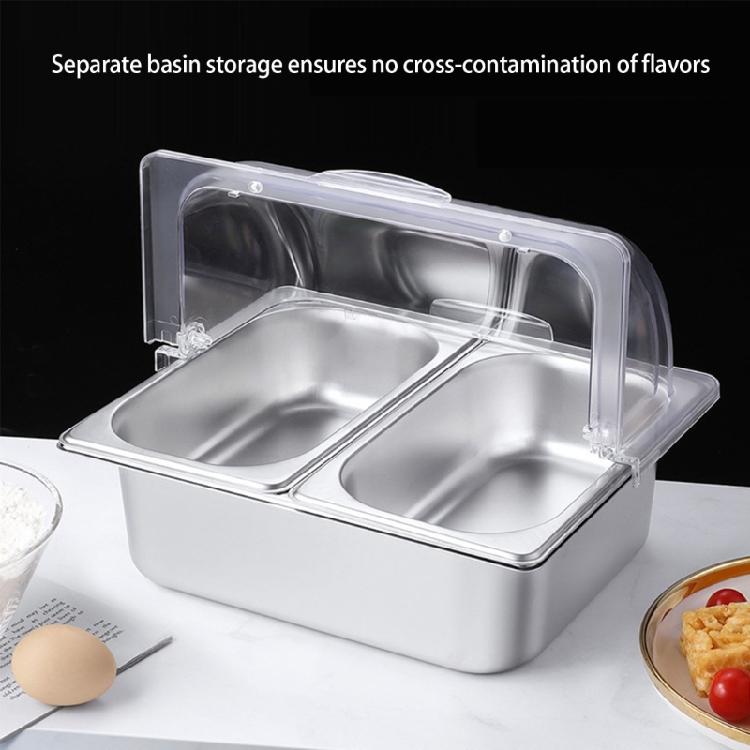 Edelstahl 2-Kammer-Speisewanne Klare Rollhaube Buffet-Serviertablett mit Trennwänden Gewürzspender