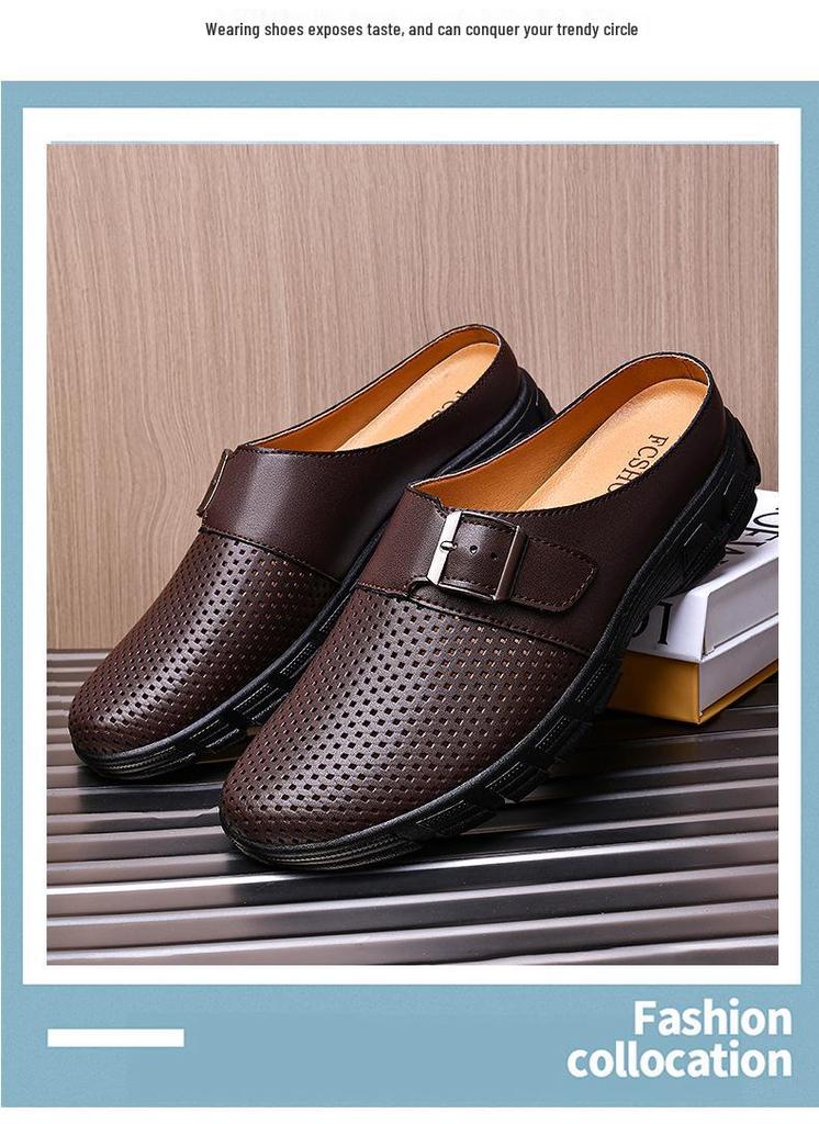 Men's Breathable Leather Slip-On Mules: Closed-Toe, Thick-Sole, Non-Slip Casual Shoes