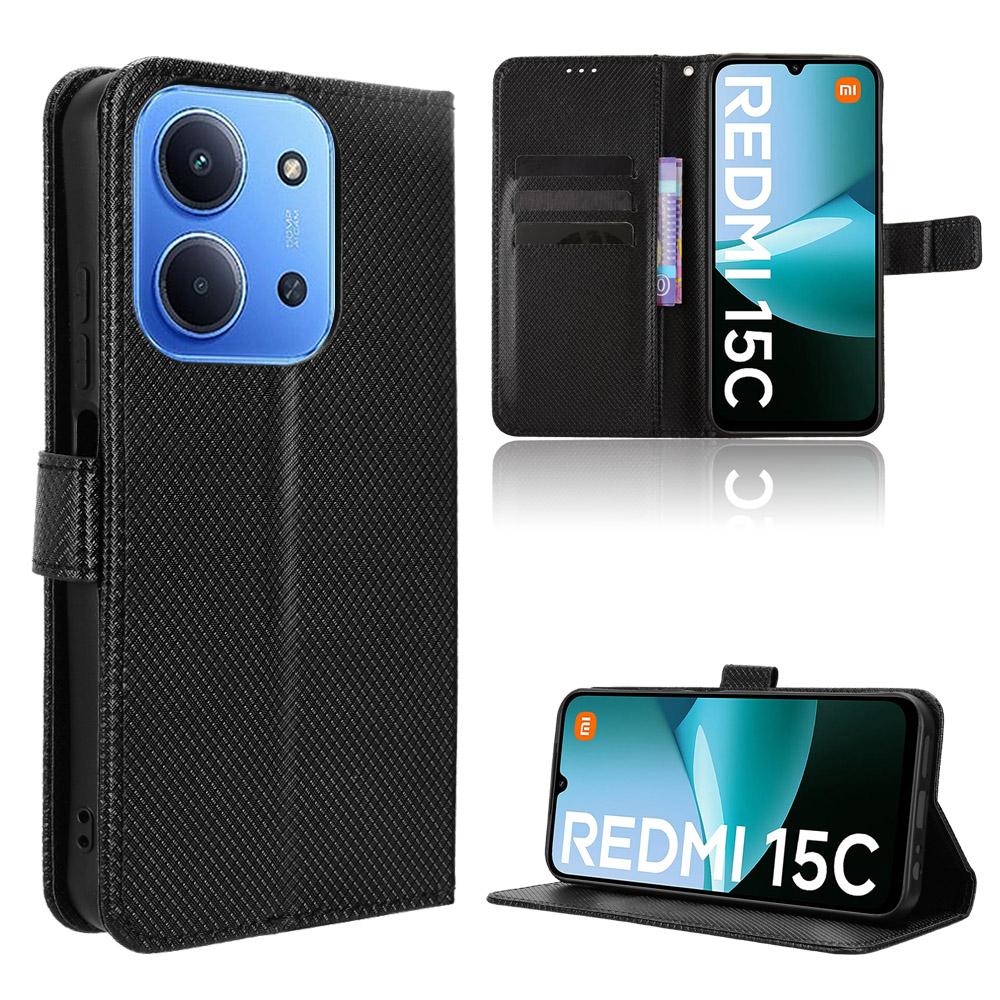 For Xiaomi Redmi 15C 4G (171mm) Leather Wallet Case with Strap Diamond Texture Phone Cover