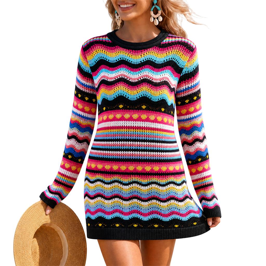 Damen Ringel Strick Pullover Pullover, Rundhals Mittellange Tunika für Herbst Winter Freizeitkleidung