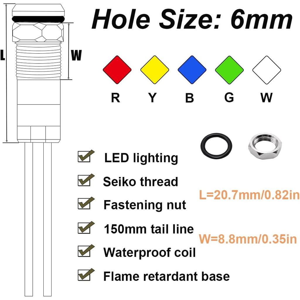 5Pack 6mm AC/DC12-24V LED Indicator Light Waterproof IP65 24 Volt led Lights Metal Pilot Lamp Lights Milt-Color Panel LED
