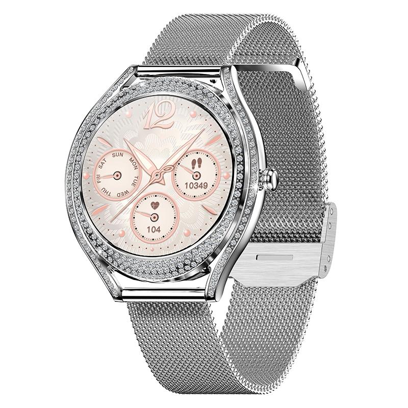 

V66 1.28 Inch Sports Bracelet Women Heart Rate Monitor Smart Watch with Zircon Decor,Steel Strap Silver